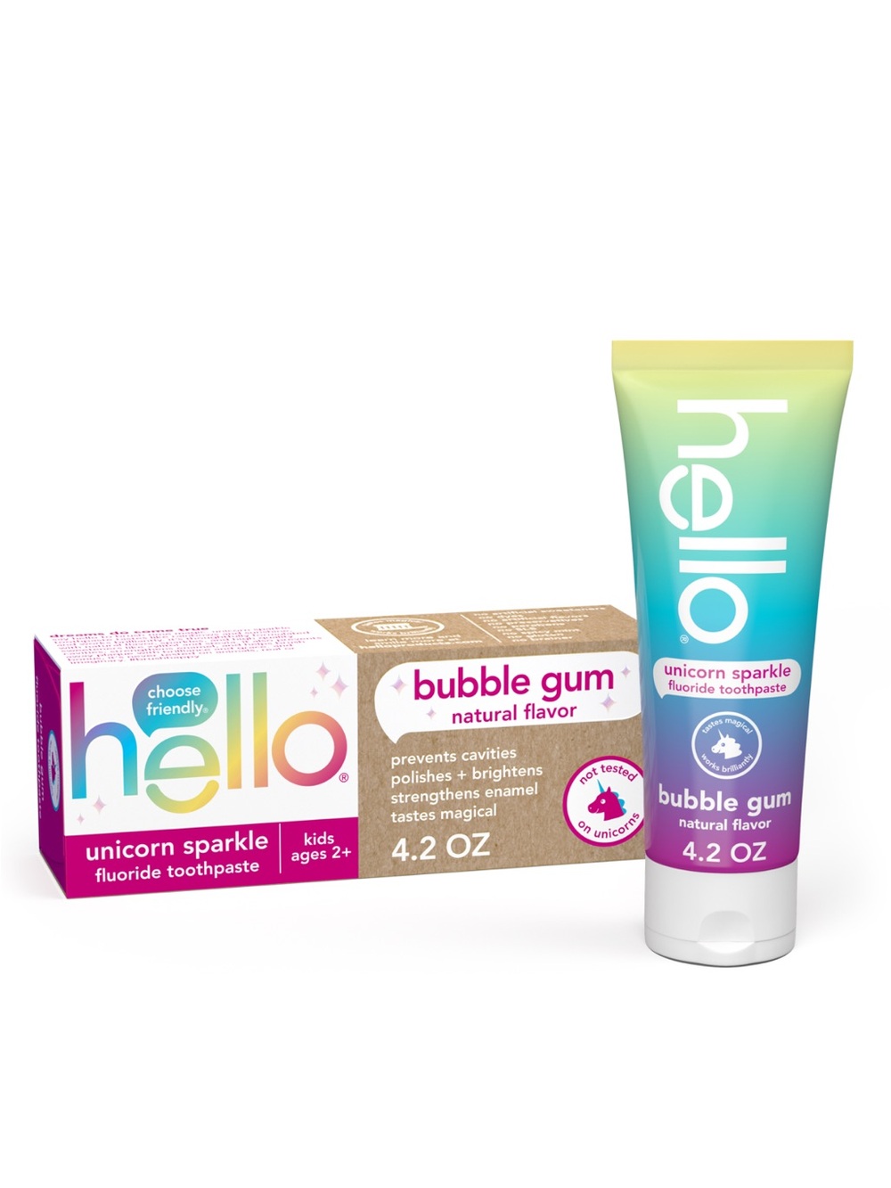 2 Boxes-HELLO Unicorn Sparkle Fluoride Toothpaste~Bubble Gum 2~4.2oz Boxes NEW